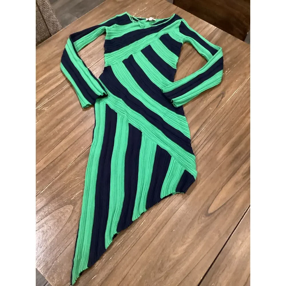 Ciebon Osha Directional Stripe Long Sleeve Asymmetric Knit Midi Dress Green S - Picture 2 of 12